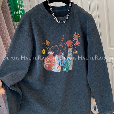 DHR休闲软糯花朵德绒T恤打底衫