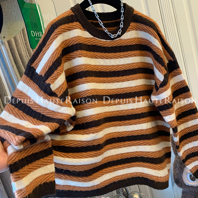 DHR 高级感慵懒风气质麻花条纹毛衣针织衫宽松内搭上衣女2025冬装