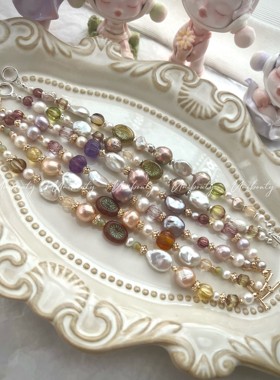 【春田花花】尤妮宝帝原创手工设计牛油果巴洛克珍珠琉璃多宝手链