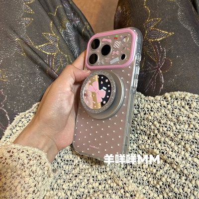 羊咩咩MM韩系简约波点全包苹果17ProMax镜面蝴蝶结磁吸支架手机壳适用iPhone16Pro女15小众17Pro软保护套