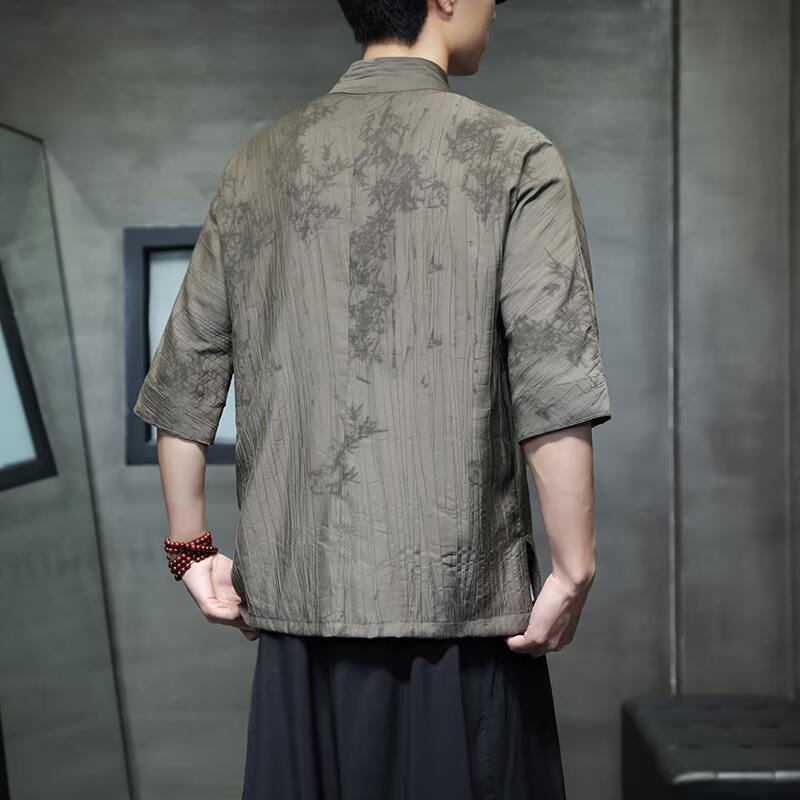 夏款树皮皱冰丝凉感衬衫风盘扣立领半袖衬衣1905-P65,男装T恤,电商B378（原B341）