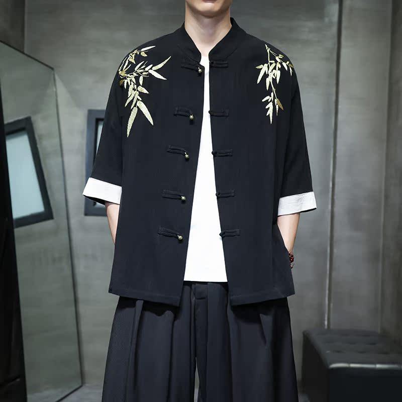 新中式复古亚麻衬衫禅茶短袖中国风立领五分袖唐装衬衣1906-P75