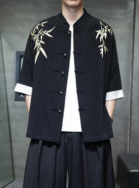 新中式复古亚麻衬衫禅茶短袖中国风立领五分袖唐装衬衣1906-P75