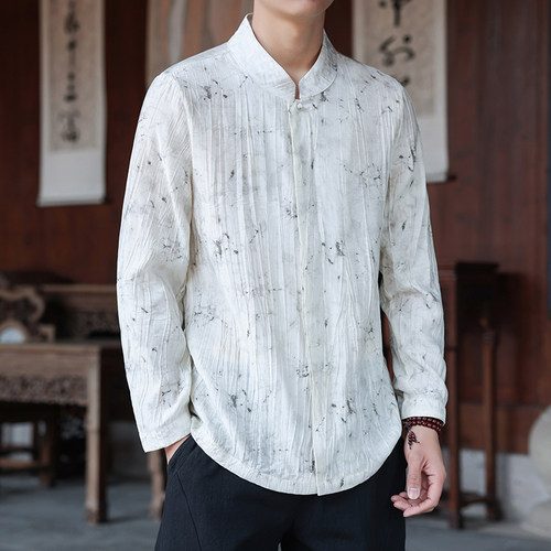 中国风缎面垂感长袖衬衫秋季宽松立领盘扣衬衣 1901-P65