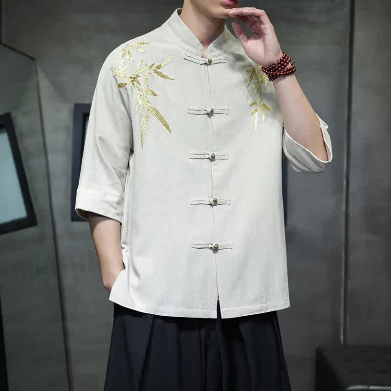 2025夏季复古棉麻中式衬衫刺绣汉服短袖唐装1906-P75,男装T恤,电商B378（原B341）