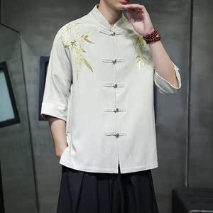 2025夏季复古棉麻中式衬衫 刺绣汉服短袖唐装 1906-P75图片