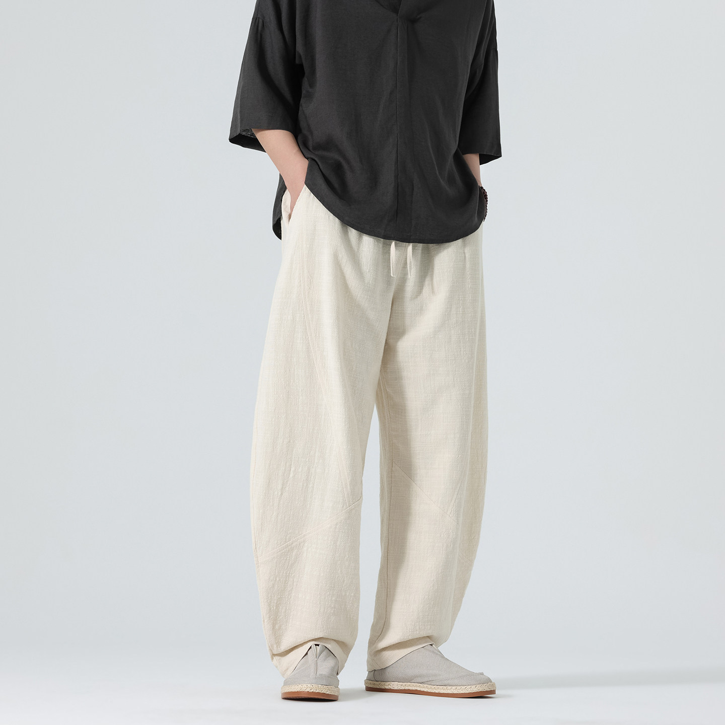 2026春夏新款风亚麻宽松哈伦裤宽松大码弯刀裤B378-K51-P65,男装休闲裤,电商B378（原B341）