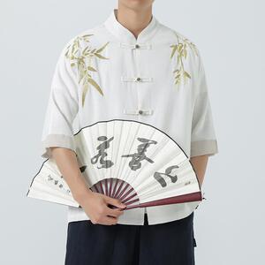 风刺绣立领棉麻衬衫男短袖夏季中式复古唐装衬衣茶服1906-P75图片