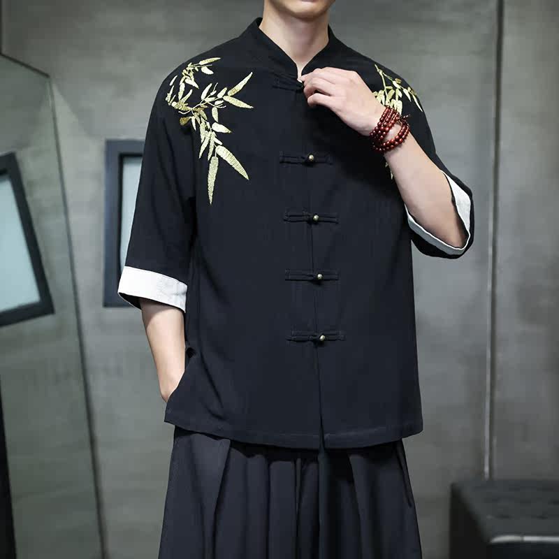 2025夏季复古棉麻中式衬衫刺绣汉服短袖唐装1906-P75,男装T恤,电商B378（原B341）