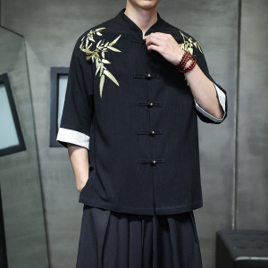 2025夏季复古棉麻中式衬衫 刺绣汉服短袖唐装 1906-P75图片