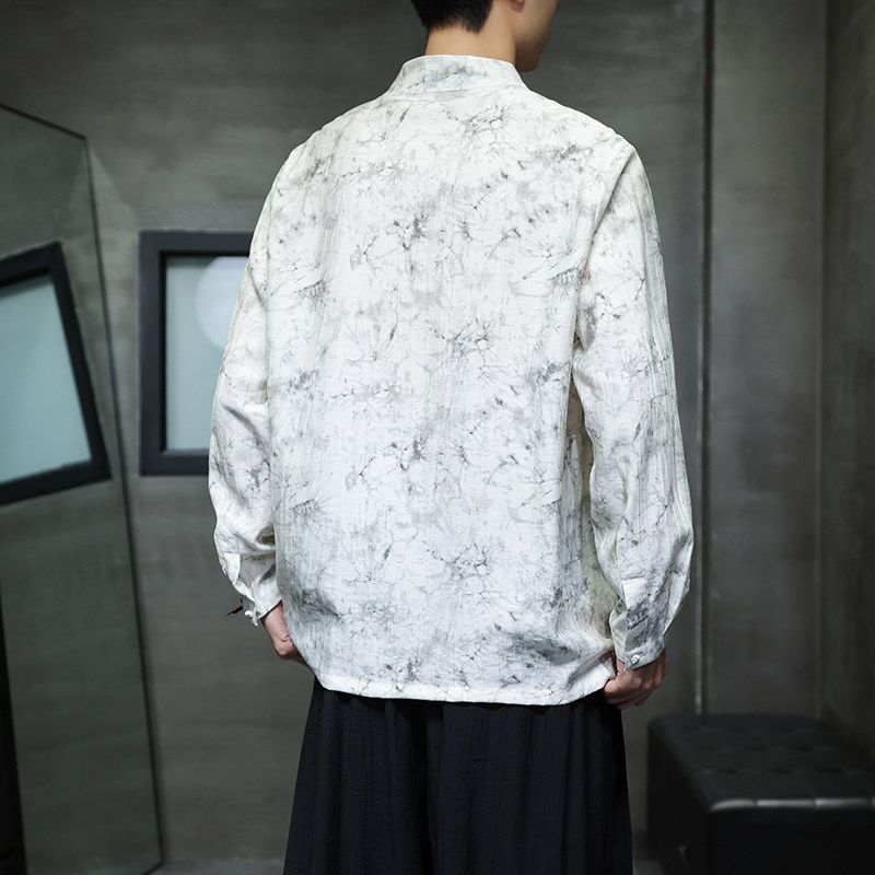 风复古扎染水墨印花长袖衬衫春季男士宽松大码衬衣1901-P65,男装衬衫,电商B378（原B341）