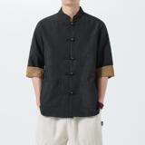 风男装新中式唐装短袖衬衫潮复古风盘扣五分袖外套1907-P80，男装衬衫，电商B378（原B341）