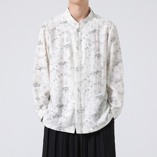 中国风立领盘扣长袖衬衫 复古扎染薄款唐装汉服 1901-P65