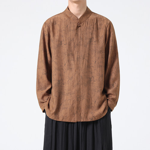 春秋宽松长袖衬衫 日系水墨印花缎面衬衣 1901-P65
