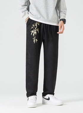 新中式竹叶刺绣直筒休闲裤日系麂皮绒宽松大码直筒裤 K27-P70