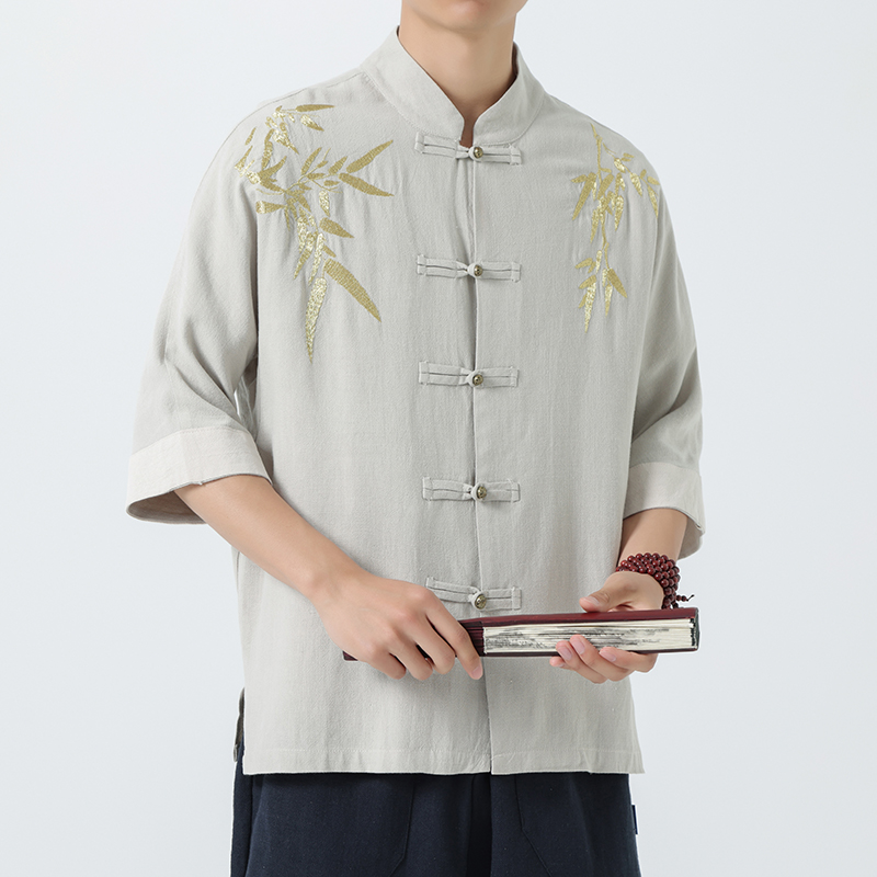 新中式金线刺绣盘扣衬衫 中老年禅意茶服宽松有大码 1906-P75