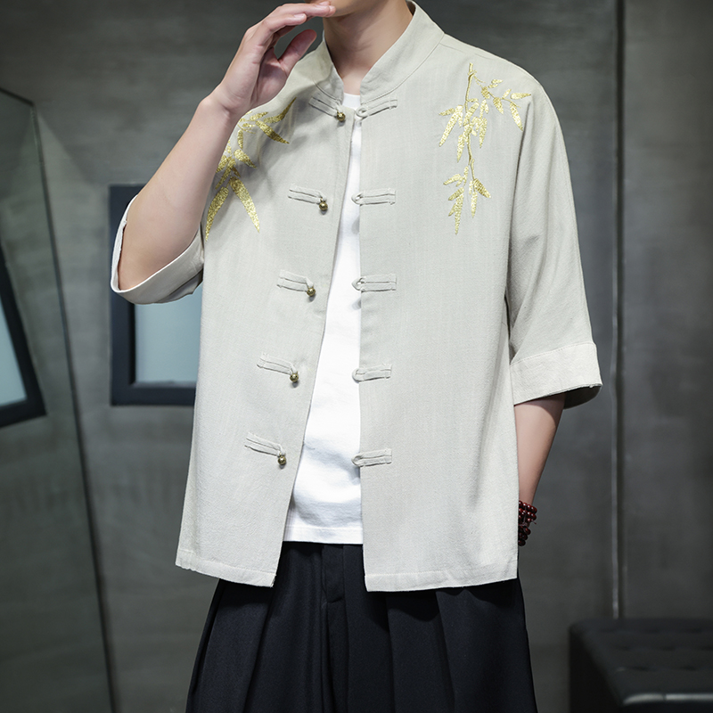 复古水洗棉麻短袖衬衫新中式盘扣立领唐装汉服1906-P75，男装T恤，电商B378（原B341）