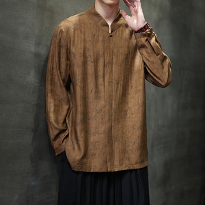 风复古盘扣立领长袖衬衣男装新中式古风汉服宽松衬衫1901-P65图片
