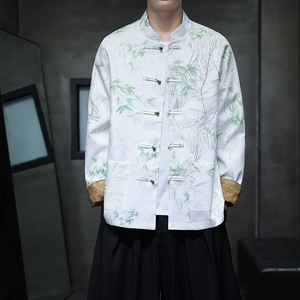 2024风竹叶印花褶皱外套男装秋季唐装改良夹克汉服1910-P100图片