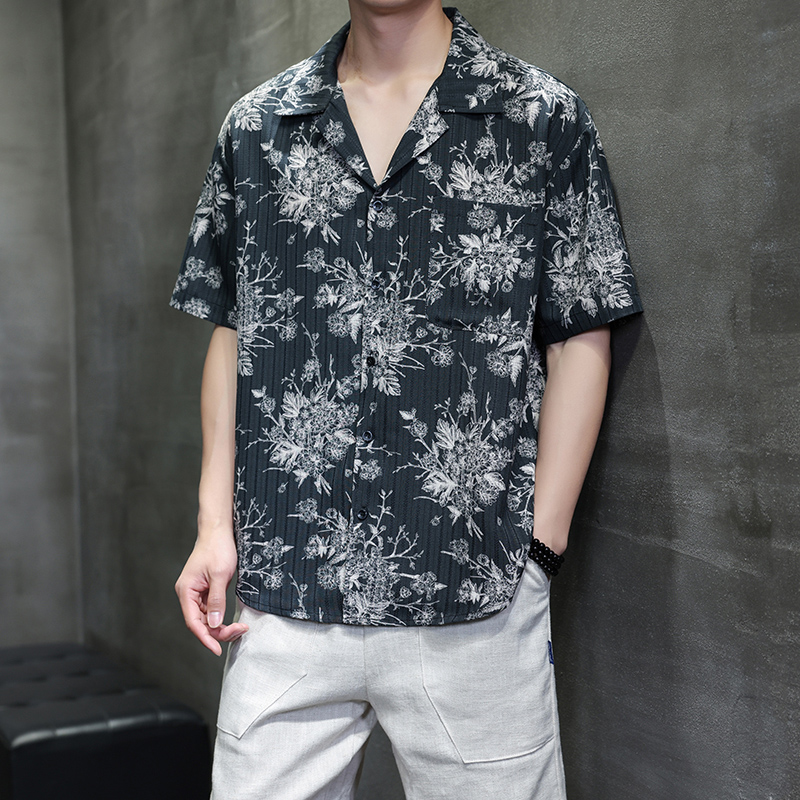 现货 复古花式翻领衬衣 薄款透气大码短袖 1926-P55