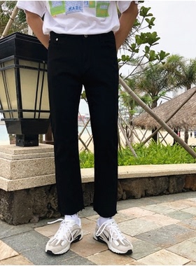 PF/ 本期日系感牛仔裤 水洗黑色百搭毛边直筒九分牛仔裤男