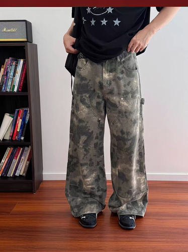 PIFU  美式复古cleanfit晕染迷彩工装裤男女宽松直筒阔腿休闲长裤