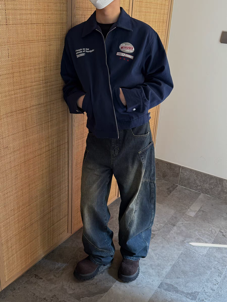 PIFU国潮设计感复古美式高街宽松显瘦直筒侧袋弯刀工装阔腿牛仔裤