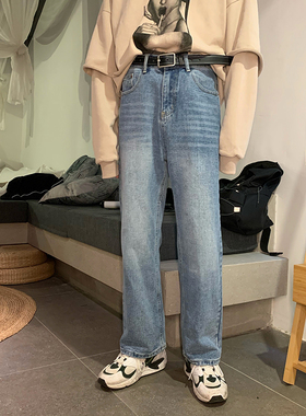 PF/韩版ulzzang复古牛仔裤港风潮牌百搭宽松直筒阔腿休闲牛仔长裤