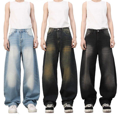 PIFU  重水洗复古做旧宽松直筒牛仔裤男阔腿拖地基础弯刀休闲长裤