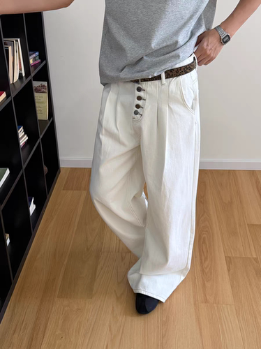 PIFU  老钱风五连扣打褶白色牛仔裤男直筒宽松休闲cleanfit裤子