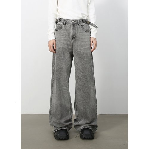 PIFU  浅灰色阔腿牛仔裤男四季新款中腰垂感宽松直筒裤子