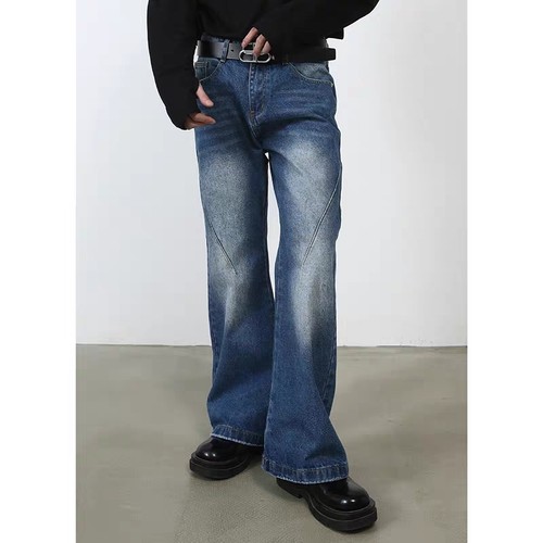 PIFU  复古微喇牛仔裤男款宽松阔腿渐变休闲高端韩版裤子男潮流