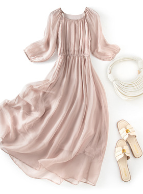 2025新款夏季新款纯色简约真丝连衣裙海边度假沙滩长裙85059