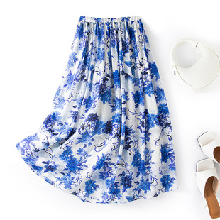 真丝双绉半身裙女高腰宽松百搭中长裙桑蚕丝大摆夏季蓝色印花裙