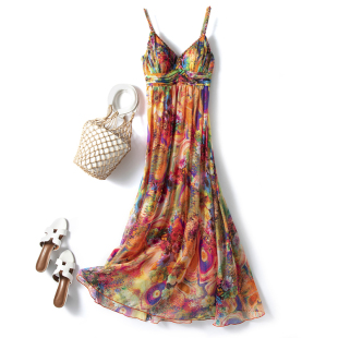 波西米亚真丝吊带长裙夏季 气质印花钉珠V领高腰显瘦桑蚕丝连衣裙