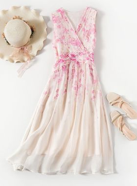 芭碧尔女装真丝连衣裙OL气质印花桑蚕丝背心长裙厂家直销81058