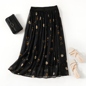 真丝半身裙女春夏高腰显瘦a字垂感长裙黑色印花桑蚕丝大摆裙81111