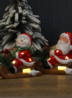 发光陶瓷雪人老人坐雪橇陶瓷摆件