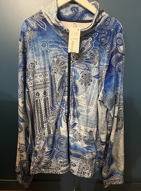 美国本土品牌蓝色渐变腰果花拉链丝绒长袖开衫外套夹克XL码