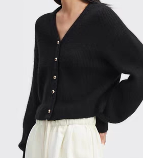美国TAH*ri黑色立体编织v领金色扣长袖针织开衫外套上衣L/G116/65