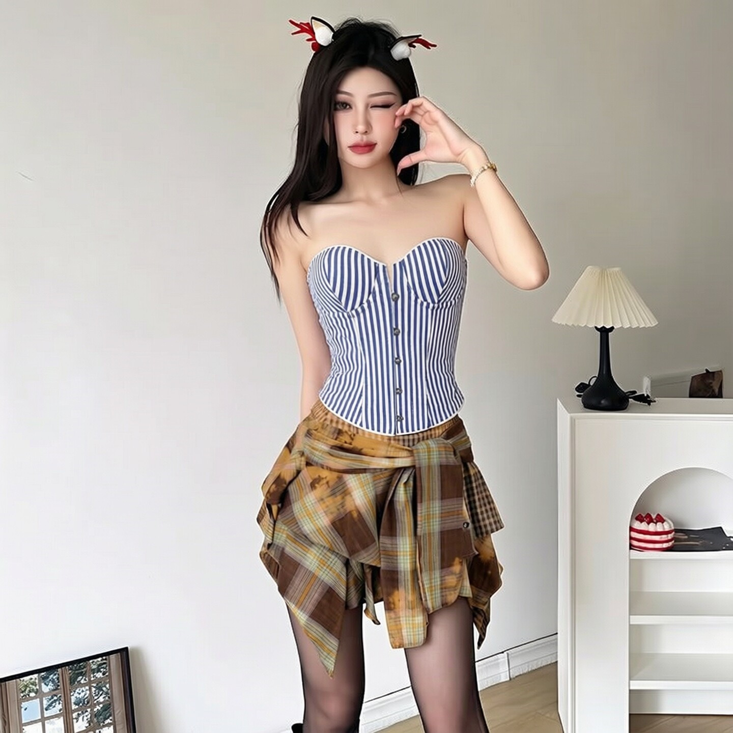 条纹单排扣外穿鱼骨胸衣背心吊带短款上衣收腰绑带海军风性感辣妹