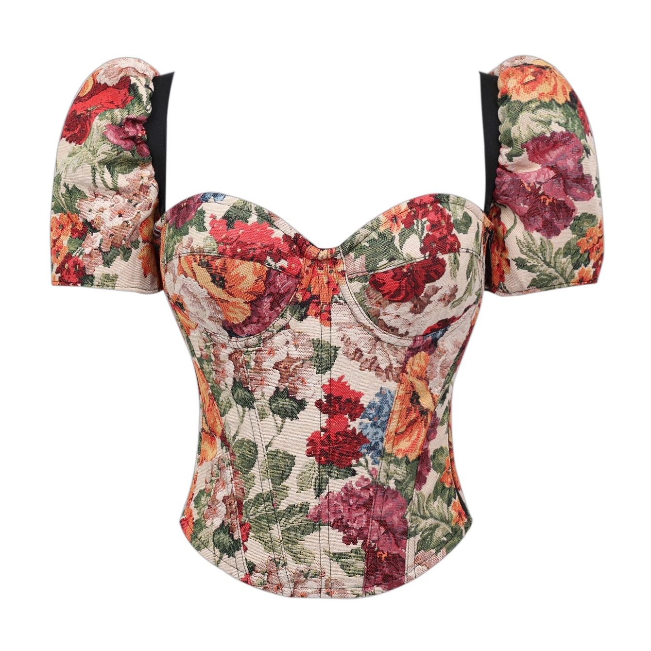 莫奈花园提花泡泡袖外穿鱼骨胸衣短款抹胸上衣侧拉链后绑带马面裙