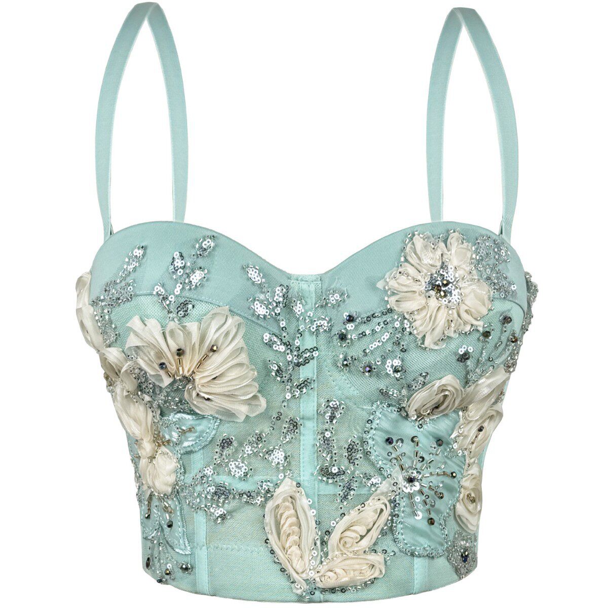 薄荷绿重工钉珠立体花外穿鱼骨胸衣背心吊带抹胸短款上衣清新直播