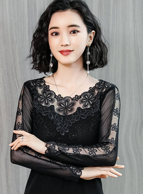 2026春秋装新款网纱打底衫女长袖韩版修身大码蕾丝小衫低领上衣潮