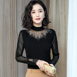 百搭修身 女长袖 韩版 亮丝网纱上衣t恤小衫 新款 秋季 立领蕾丝打底衫