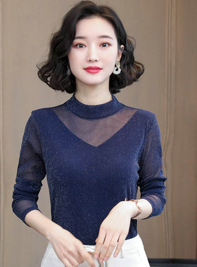 春秋2026新款女T恤韩版蕾丝衫长袖网纱上衣大码女装半高领打底衫