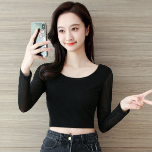 内搭短袖 夏装 长袖 黑色性感蕾丝半身罩衫 t恤纱衣女 半截网纱打底衫