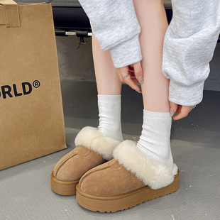 毛毛拖鞋 孕妇脚宽胖厚底包头棉拖皮毛一体雪地靴 女冬外穿2024新款
