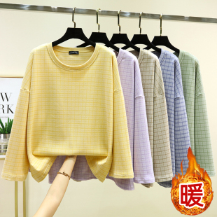 德绒宽松圆领保暖格子上衣女冬大码居家长袖T恤加绒加厚睡衣上装