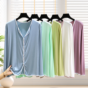 女简约百搭T恤 居家纯色睡衣上装 莫代尔宽松翻领长袖 上衣休闲大码